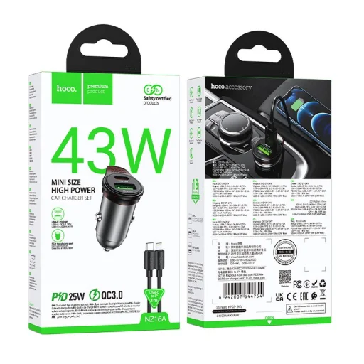 HOCO autós töltő USB A + Type C + Type C Lightning kábel PD QC3.0 43W NZ16A fém szürke - 9