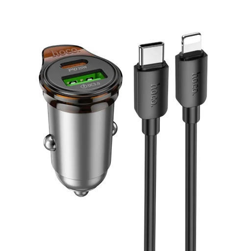 HOCO autós töltő USB A + Type C + Type C Lightning kábel PD QC3.0 43W NZ16A fém szürke - 1