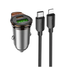 HOCO nabíjačka do auta USB-A + USB-C + kábel USB-C na Lightning PD QC3.0 43W NZ16A kovová sivá