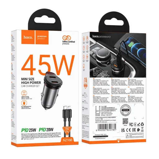 HOCO autós töltő 2 x Type C + kábel Type C - Lightning PD QC 45W NZ16B fém szürke - 9