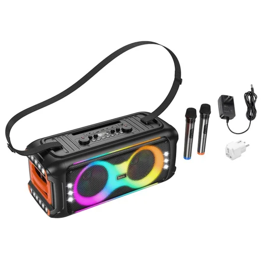 HOCO karaoke szett vezeték nélküli hangszóró + 2 x vezeték nélküli mikrofon LED 60W HA9 fekete - 4