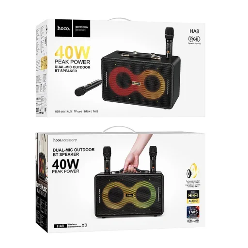 HOCO karaoke készlet vezeték nélküli hangszóró + 2 x vezeték nélküli mikrofon LED 40W HA8 fekete - 8