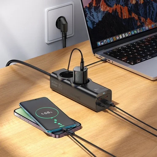 HOCO hálózati elosztó 2 aljzattal + USB A + 3 x Type C PD QC3.0 3A 67W NS10 2 m fekete - 6