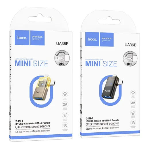 HOCO adapter OTG 2in1 Lightning (férfi) / Type C (férfi) USB A (női) csatlakozóhoz UA36E fekete - 6