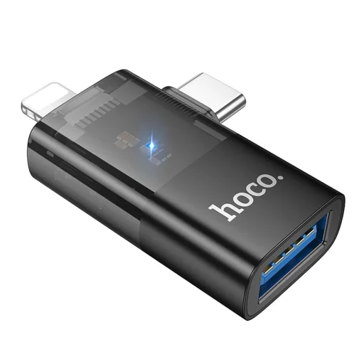 HOCO adapter OTG 2in1 Lightning (férfi) / Type C (férfi) USB A (női) csatlakozóhoz UA36E fekete - 1