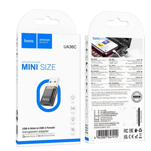 HOCO adapter USB A (férfi) - Typ C (női) UA36C átlátszó fekete - 5
