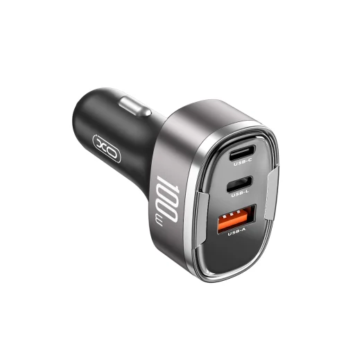 XO autós töltő CC61 PD QC 3.0 100W 1x USB 1x USB-C 1x Lightning szürke - 1