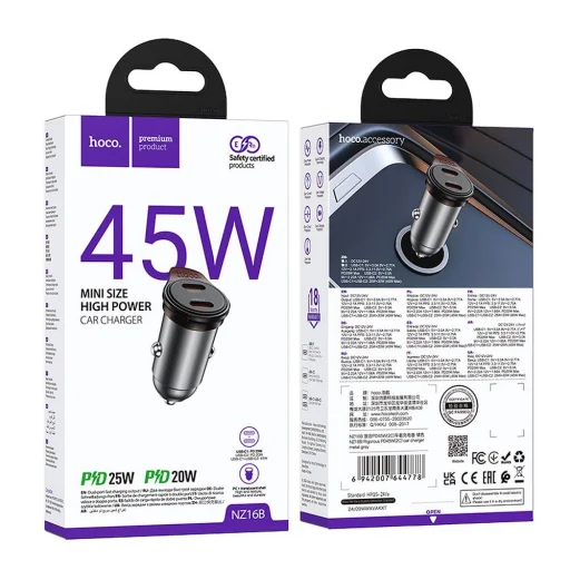 HOCO autós töltő 2 x Type C PD QC3.0 45W NZ16B fém szürke - 9