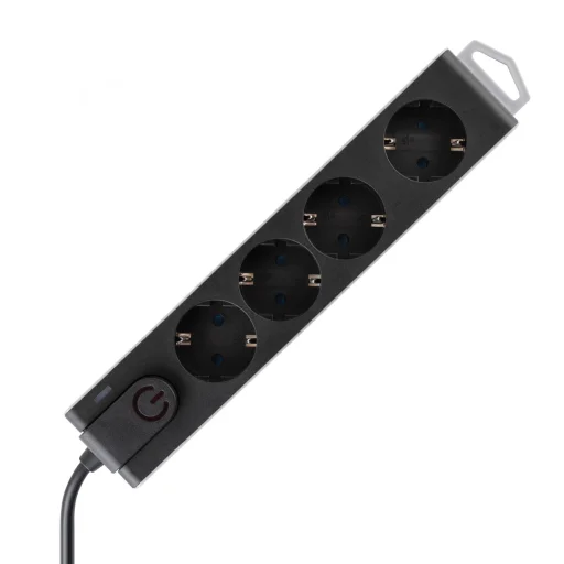 Home NVT 4K/BK túlfeszültségvédett hálózati elosztó, 1,5 m, H05VV-F 3G1,0 mm2 kábel, 4 aljzat gyermekvédelemmel, kapcsoló, felakasztható, max. 3680W, fekete - 1