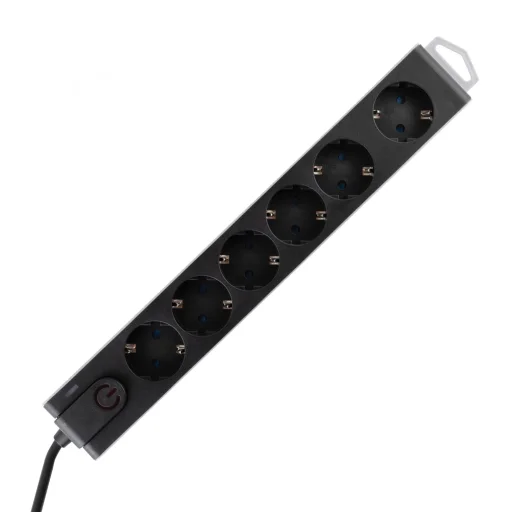 Home NVT 6K-3/BK túlfeszültségvédett hálózati elosztó, 3 m, H05VV-F 3G1,5 mm2 kábel, 6 aljzat gyermekvédelemmel, kapcsoló, felakasztható, max. 3680W, fekete - 1