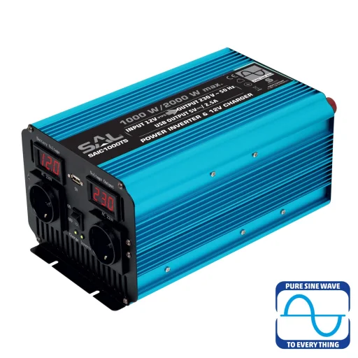 SAL SAIC1000TS feszültségátalakító, ~1000 W névleges telj., tiszta szinuszos, 2 védőérintkezős aljzat, szünetmentes tápegység, USB, visszajelző LED, lágyindítás - 1