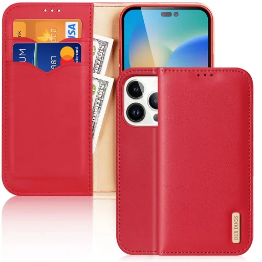 Dux Ducis Hivo bőrtok valódi bőrből, kártya- és dokumentumtartós fliptok iPhone 14 Pro piros - 1