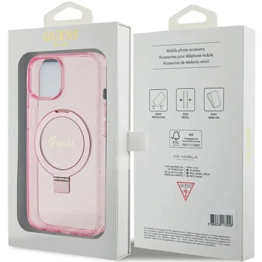 Guess Gyűrűs Állvány Script Csillogó Mágneses iPhone 15 és 14 Plus - rózsaszín tok - 8