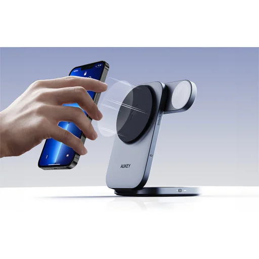 Mágneses vezeték nélküli töltő 3 az 1-ben MagFusion Aukey LC-MC312, 15W Qi2 (szürke) töltállomás - 7