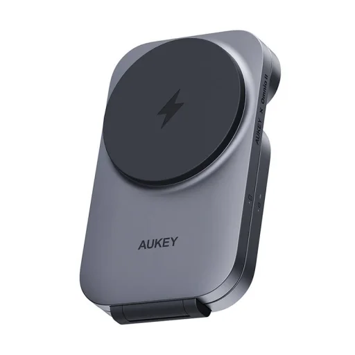 Mágneses vezeték nélküli töltő 3 az 1-ben MagFusion Aukey LC-MC312, 15W Qi2 (szürke) töltállomás - 2