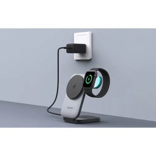 Mágneses vezeték nélküli töltő 3 az 1-ben MagFusion Aukey LC-MC312, 15W Qi2 (szürke) töltállomás - 5