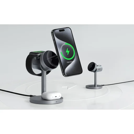 Vezeték nélküli töltőállomás MagFusion 3 az 1-ben Aukey LC-MC311, 15W Qi2 (szürke) - 5