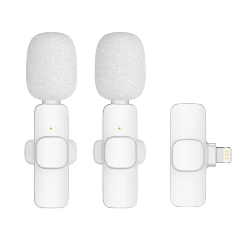 Vezeték nélküli lavalier mikrofon Lightning iPhone-hoz 2 db a készletben) K1 fehér szélvédővel - 1