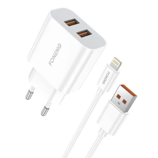 Gyors töltő Foneng 2x USB EU45 + USB Lightning kábel, hálózati töltő  - 1