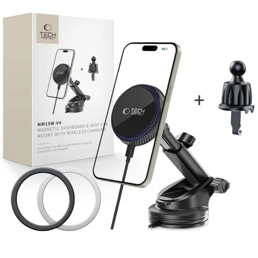 Tech-protect Mm15w-v4 Mágneses Magsafe Műszerfalra és Szellőzőbe Szerelhető Autós Telefontartó Vezeték Nélküli Töltő 15w Fekete - 1