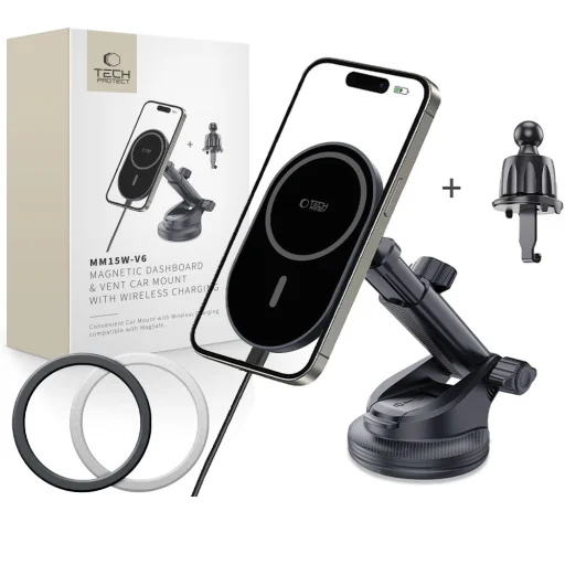 Tech-protect Mm15w-v6 Mágneses Magsafe Műszerfalra és Szellőzőre Rögzíthető Autós Telefontartó Vezeték Nélküli Töltő 15W Fekete/fekete - 1