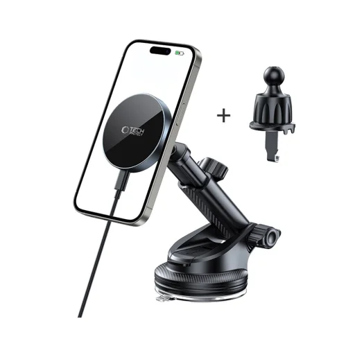 Tech-protect Mm15w-v5 magic-mágneses Magsafe műszerfal és szellőző autós tartó vezeték nélküli töltő 15W fekete/fekete - 2