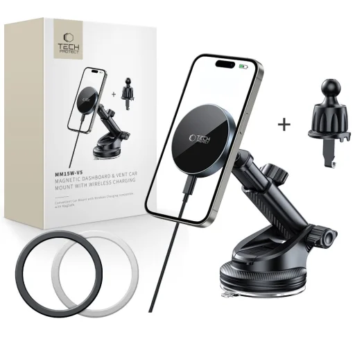 Tech-protect Mm15w-v5 magic-mágneses Magsafe műszerfal és szellőző autós tartó vezeték nélküli töltő 15W fekete/fekete - 1