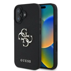  iPhone 16 Fekete Guess PU Grained 4G Fém Logós Tok