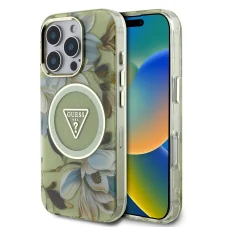  iPhone 16 Pro Max zöld Guess IML Glitter Magnolia és Triangle Logo MagSafe tok