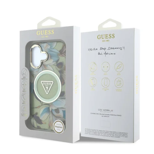  iPhone 16 zöld Guess IML Glitter Magnolia és Háromszög Logós MagSafe tok - 7