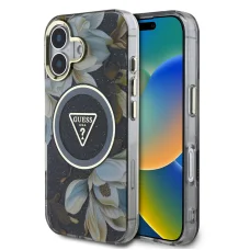  iPhone 16 fekete Guess IML Glitter Magnolia és Triangle Logo MagSafe tok