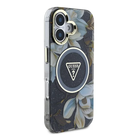  iPhone 16 fekete Guess IML Glitter Magnolia és Triangle Logo MagSafe tok - 4