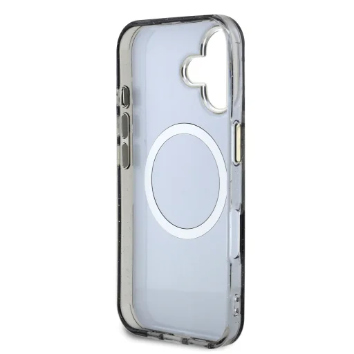  iPhone 16 fekete Guess IML Glitter Magnolia és Triangle Logo MagSafe tok - 6