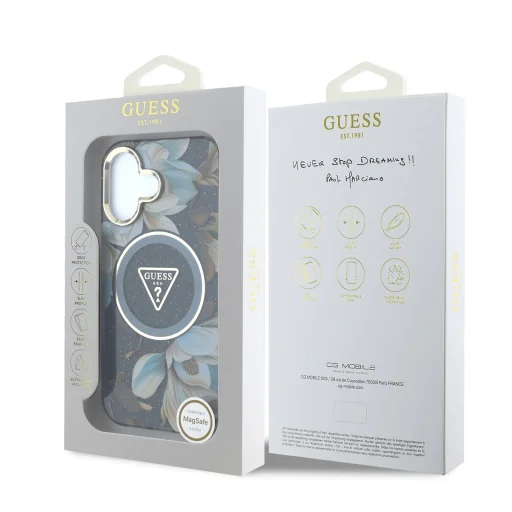  iPhone 16 fekete Guess IML Glitter Magnolia és Triangle Logo MagSafe tok - 7