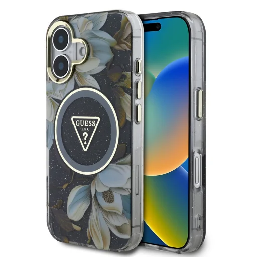  iPhone 16 fekete Guess IML Glitter Magnolia és Triangle Logo MagSafe tok - 1