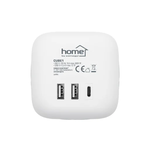 Home CUBE1 kocka elosztó USB töltővel, 3 aljzat gyermekvédelemmel, 1db USB C, 2db  USB A, max. 3680 W - 3