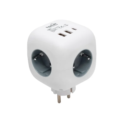 Home CUBE1 kocka elosztó USB töltővel, 3 aljzat gyermekvédelemmel, 1db USB C, 2db  USB A, max. 3680 W - 1