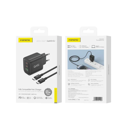 Foneng fali töltő GaN10-EU - USB + 2xType C - QC 4.0+ PD 65W Type C to Type C kábel fekete - 9