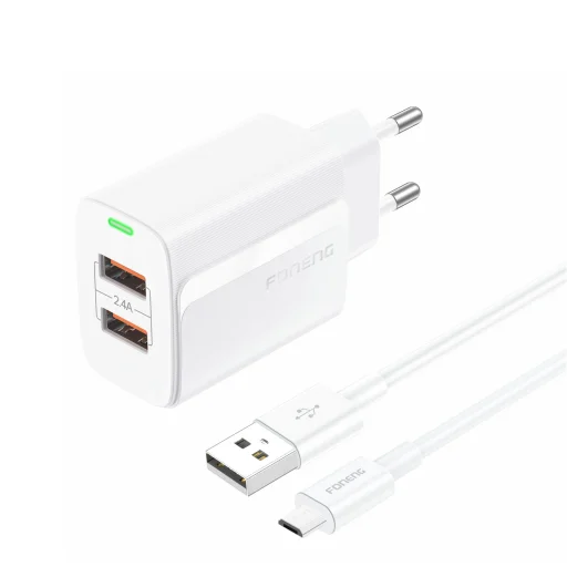 Foneng fali töltő EU63 - 2xUSB - 12W USB-Micro USB kábellel fehér - 1