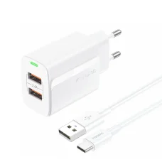Foneng fali töltő EU63 - 2xUSB - 12W USB-ről Type C kábel fehér
