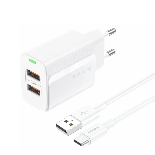 Foneng fali töltő EU63 - 2xUSB - 12W USB-ről Type C kábel fehér - 1