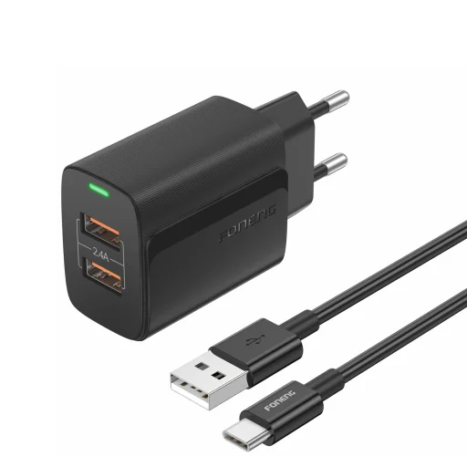 Foneng Wall charger EU63 - 2xUSB - 12W USB-C kábellel fekete, - 1