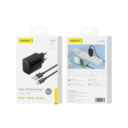 Foneng EU64 fali töltő - USB - 18W, USB típusú C kábel fekete - 5
