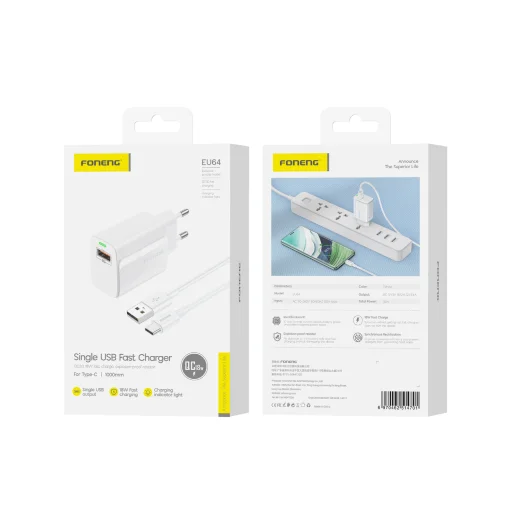 Foneng Fali töltő EU64 - USB - 18W USB - Type C kábellel fehér - 5
