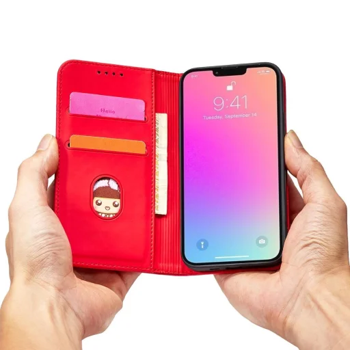 Magnet Card tok iPhone 14 Pro Max fliptok pénztárcával és állvánnyal, piros - 11