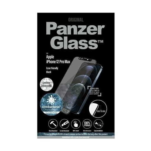 PanzerGlass E2E Microfracture Antibakteriális Üveg Kamera Fedéllel és Swarovski Kristállyal iPhone 12 Pro Max-hoz - Fekete Kerettel, üvegfólia - 3