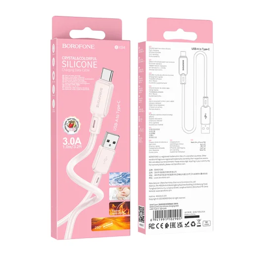 Borofone Kábel BX94 Crystal szín - USB - Typ C - 3A 1 méter világos rózsaszín, - 4