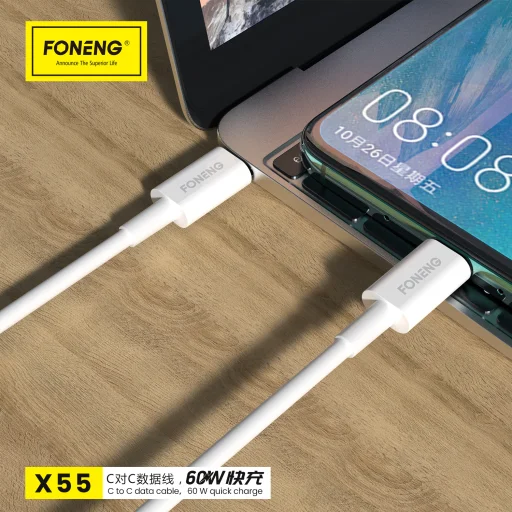 Foneng Cable X55 - Type C to Type C - PD 60W 2 méter fehér, - 6