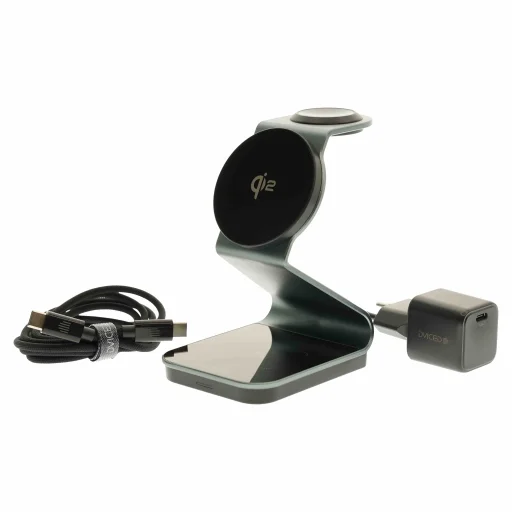 Dviced 3 az 1-ben mágneses Qi2 vezeték nélküli töltőállvány kábellel és fali töltővel - Patina szürke tok - 2