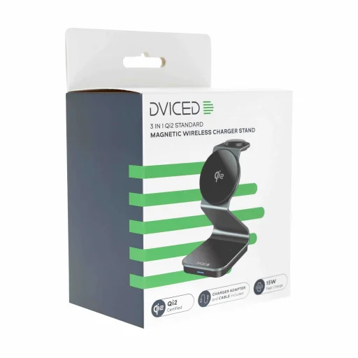 Dviced 3 az 1-ben mágneses Qi2 vezeték nélküli töltőállvány kábellel és fali töltővel - Patina szürke tok - 3